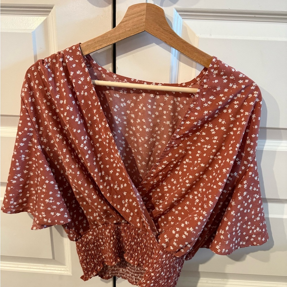 Chic Floral Wrap Blouse in Rust